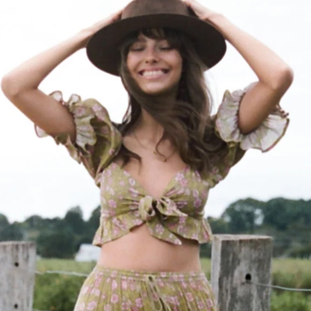SPELL Dahlia Tie-Front Floral Top in Olive and Pink